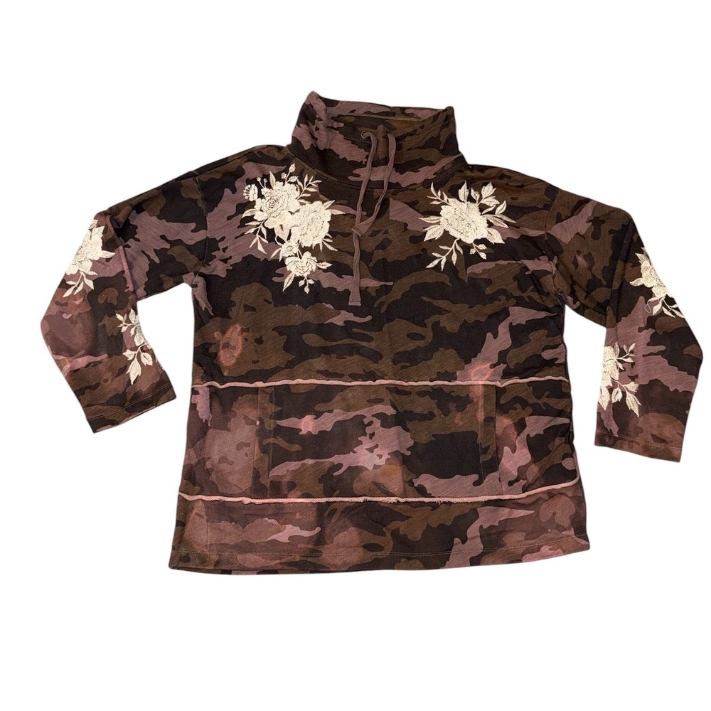 Johnny Was Sweatshirt Women Med Camo Floral Santal Embroidered Funnel Neck Boho